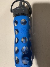 Lifefactory 16 oz Glass Water Bottle Straw Cap and Silicone Sleeve Blue