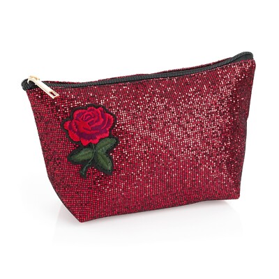 Red Felt Flower Motif Glitter Effect Make Up Bag Cosmetic  Beautiful red sparkle makeup case wallet main image 0