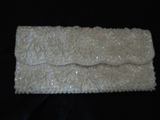 Vintage White Ivory Beaded Sequin Clutch Bag Wedding Iridescent Formal BEAUTIFUL