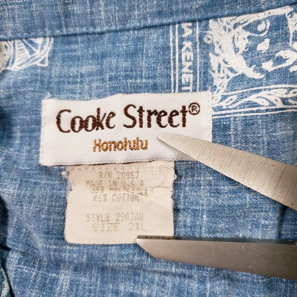 Camisa hawaiana vintage Cooke Street para hombre 2XL estampillas postales azul manga corta Foto 2 de 4