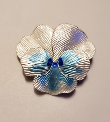 Sterling Silver Anton Michelsen Denmark Enamel Pansy Flower Brooch Blue/white