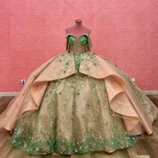 Champagne Green Quinceanera Dresses 3D Flower Appliques Beaded Sweet 16 Birthday