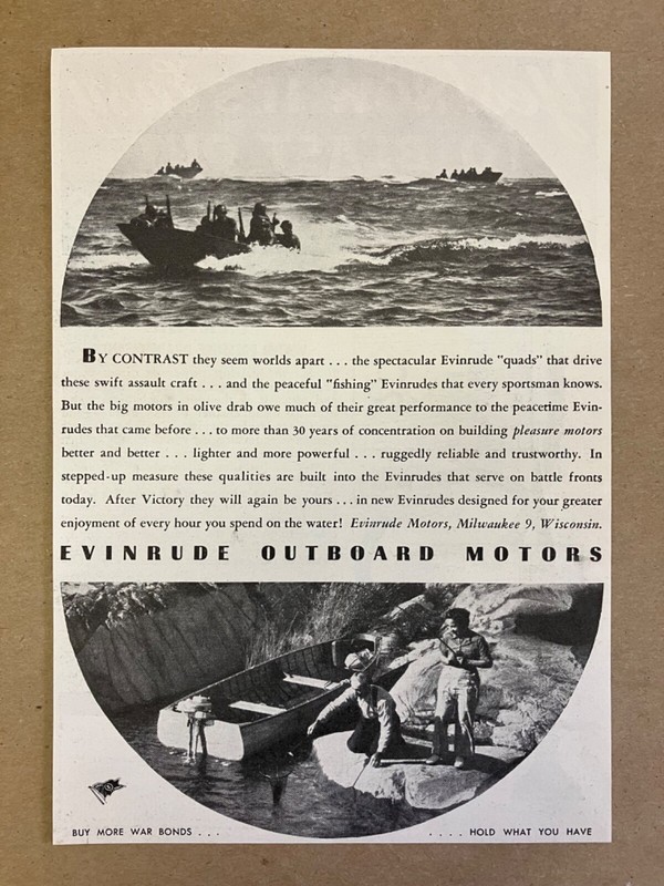 1944 Evinrude Outboard Motors "Buy More War Bonds..." WWII Print Ad 5 3/4x8 1/8"