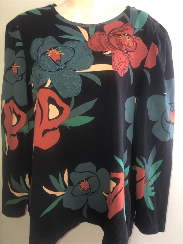 Chicos Floral Beads Ls Cotton Tee Top Size 3 L Xl
