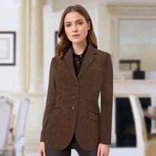 Herringbone Women's Jackets Coat Slim Fit Single Breasted Tweed Jacket Tailored