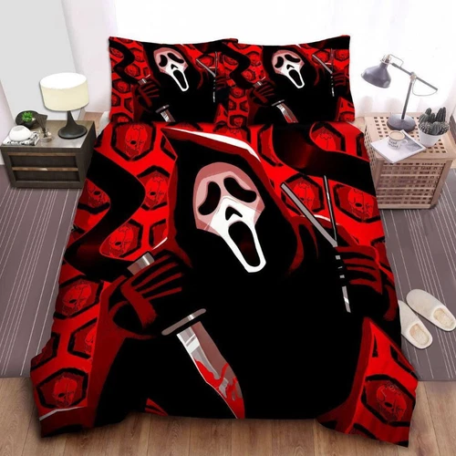 Black Ghostface Scream Holding Bloody Knife On Red Theme Bedding Set