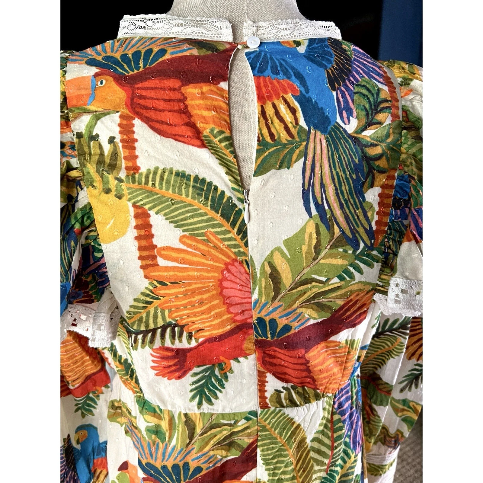 OFF WHITE Mini abito nuovo con etichette Farm Rio Off White Forest Birds stravagante maniche lunghe pizzo XS