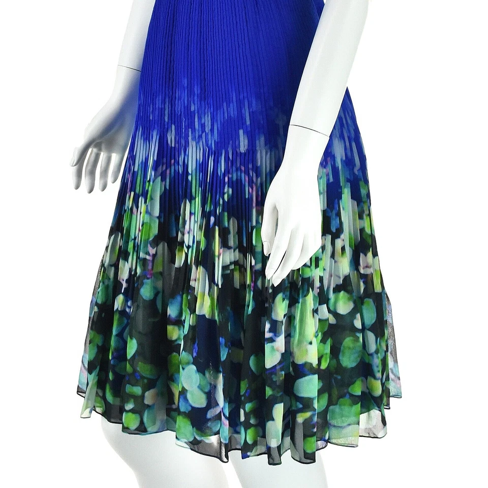 Vestido OSCAR de la RENTA Azul Real y Verde Floral Seda Plisado Ajuste y Acampanado Talla 6 Foto 4 de 4