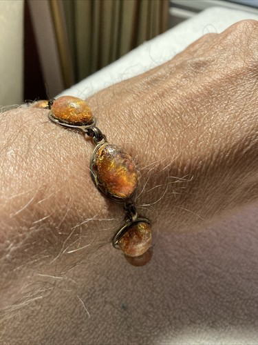 ARTISAN Gold Tone & DICHROIC GLASS LINK BRACELET Orange Color - Picture 5 of 6