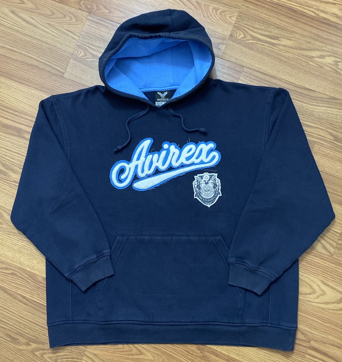 Vintage 90s AVIREX Chenille Logo Embroidered Hoodie XXL Hip Hop
