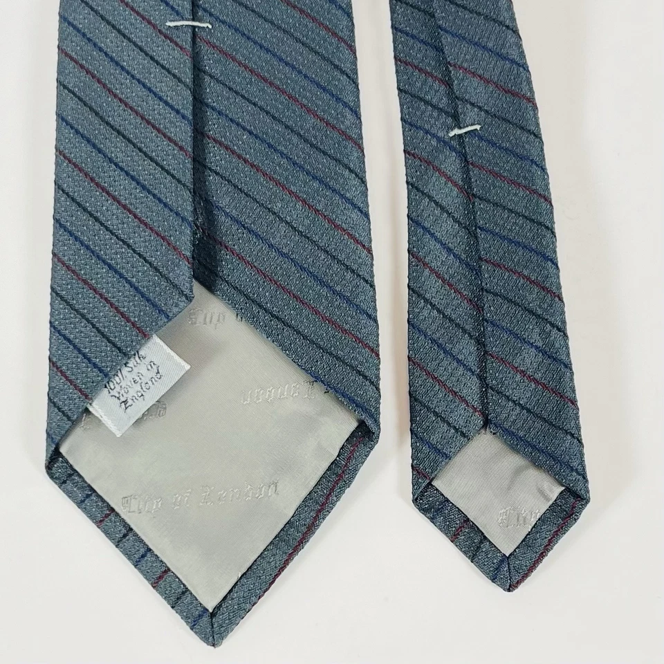 VTG Ferrell Reed 100% Silk Neck Tie Gray W/Burgundy, Blue, Black Stripes 3 1/16” - Image 3 of 4
