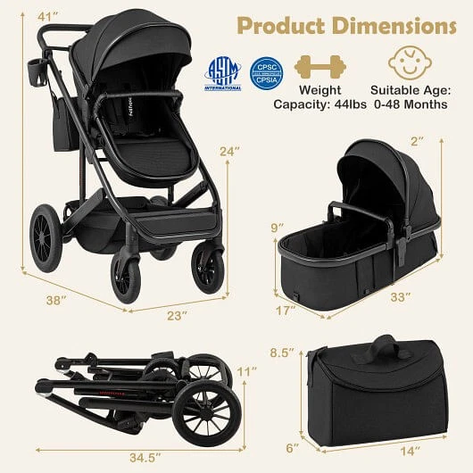 3-in-1 Folding Convertible Newborn Stroller with Detachable Bassinet-Black - Col - Image 3 of 4