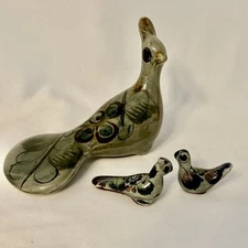 VTG Lot Of 3 Tonala Mexican Folk Art Handmade Pottery Peahen Bird Mama w/ Babies