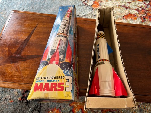 Vintage NOS 1960er Nomura batteriebetriebene Weltraumrakete Solar X Blech Weltraumspielzeug NEU