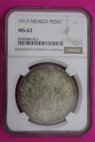 1913 MS 62 Mexico Peso Silver Coin NGC Certified Authentic Graded Slab 645