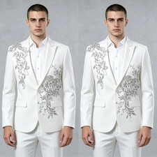 White Men's Suits Peak Lapel Jacket Beading Sequin Coat 2Pcs Slim Fit Blazer