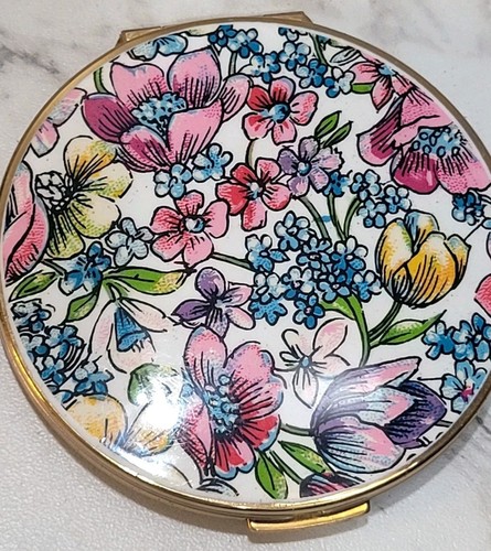 Vintage Stratton Powder Compact Floral Gold Tone Multicolor Flowers England