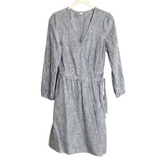 Old Navy Pinstripe Wrap Dress Small Gray White Cotton Belted Long Sleeve
