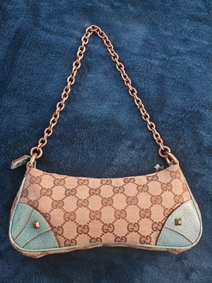 Vintage Gucci GG Monogram nailhead Pochette Zip Closure Gold Chain Strap