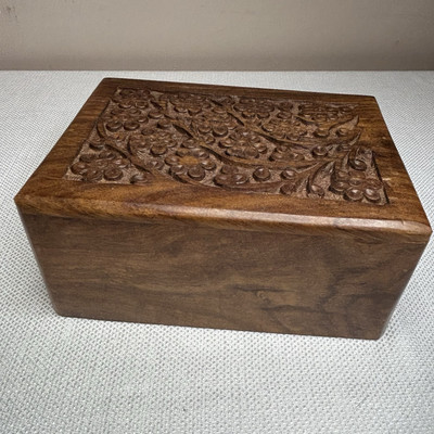 Wooden Box Floral Carved False Bottom Only opening is on Bottom of Box  Wooden