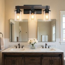 19'' Vanity Light LED 3 Lights Wood Glass Shade for Bathroom Mirror Wall Fixture
