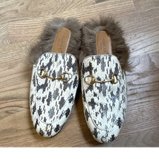 Gucci Princetown Animal Print Fur Lined Mule Slippers US 9 Horsebit Black White