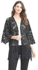 Women s Black Lace Kimono Cardigan Sheer Floral Size L Cover Up One Open Front