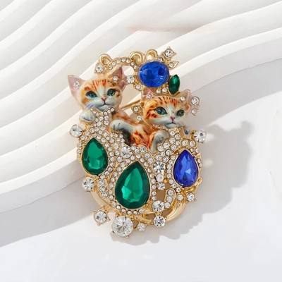 Retro Rhinestone Studded Double Cat Brooch High-end Luxury Women's Pin Accessory