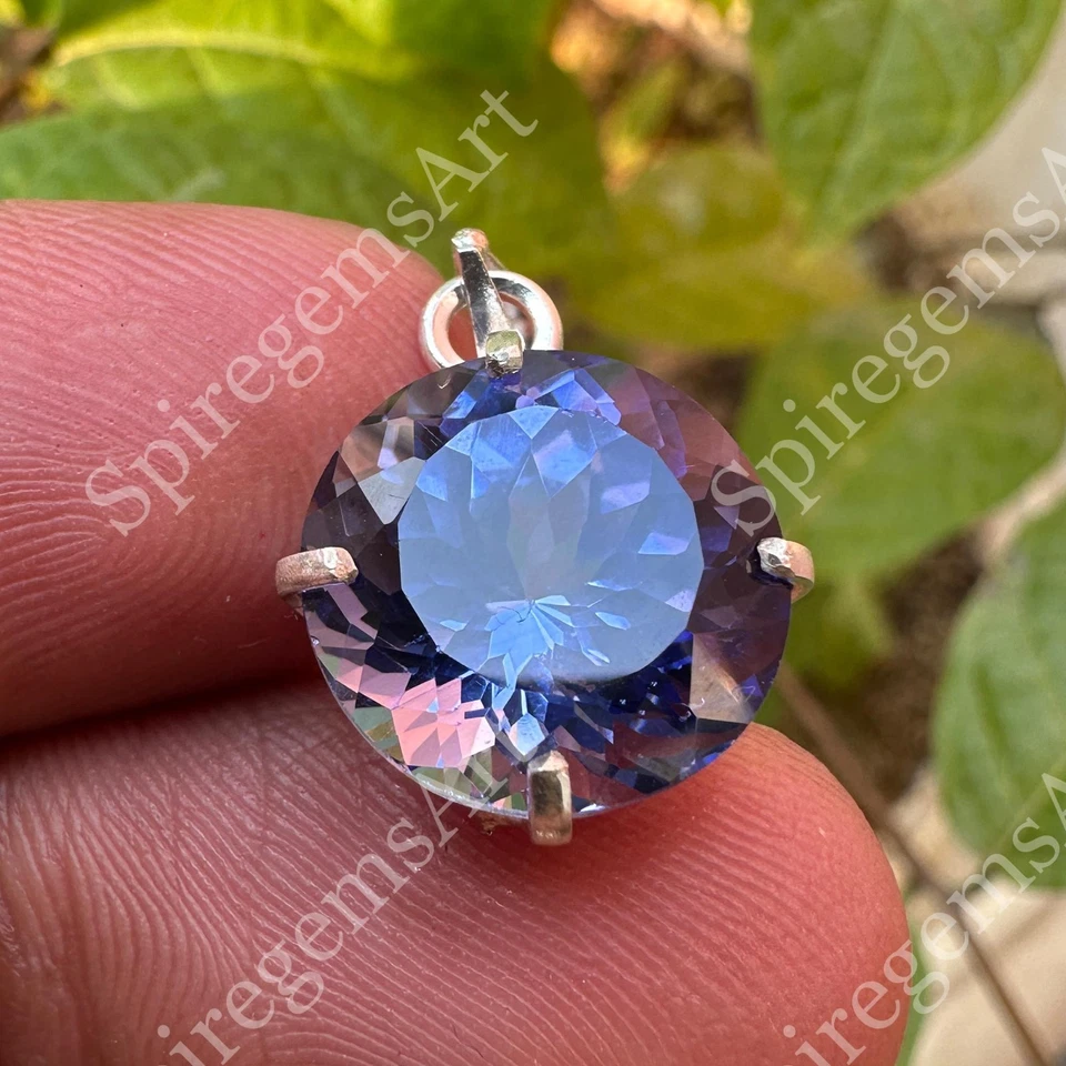 Colgante de piedras preciosas sueltas de zafiro azul natural de 14 quilates - Plata 925 certificada Foto 3 de 4