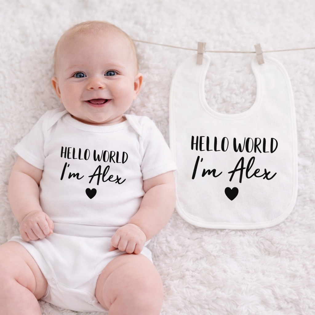 PERSONALISED unisex vest bib HELLO WORLD baby clothing sleepsuit baby showergift