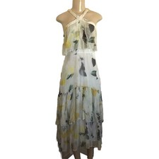 Anthropologie 0 Maxi Dress Gray Yellow Green Print Chiffon Tired Flowy Ruffle