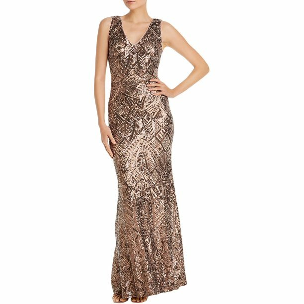 Aqua Sequined Women's Bronze Double V Neck Evening Dress