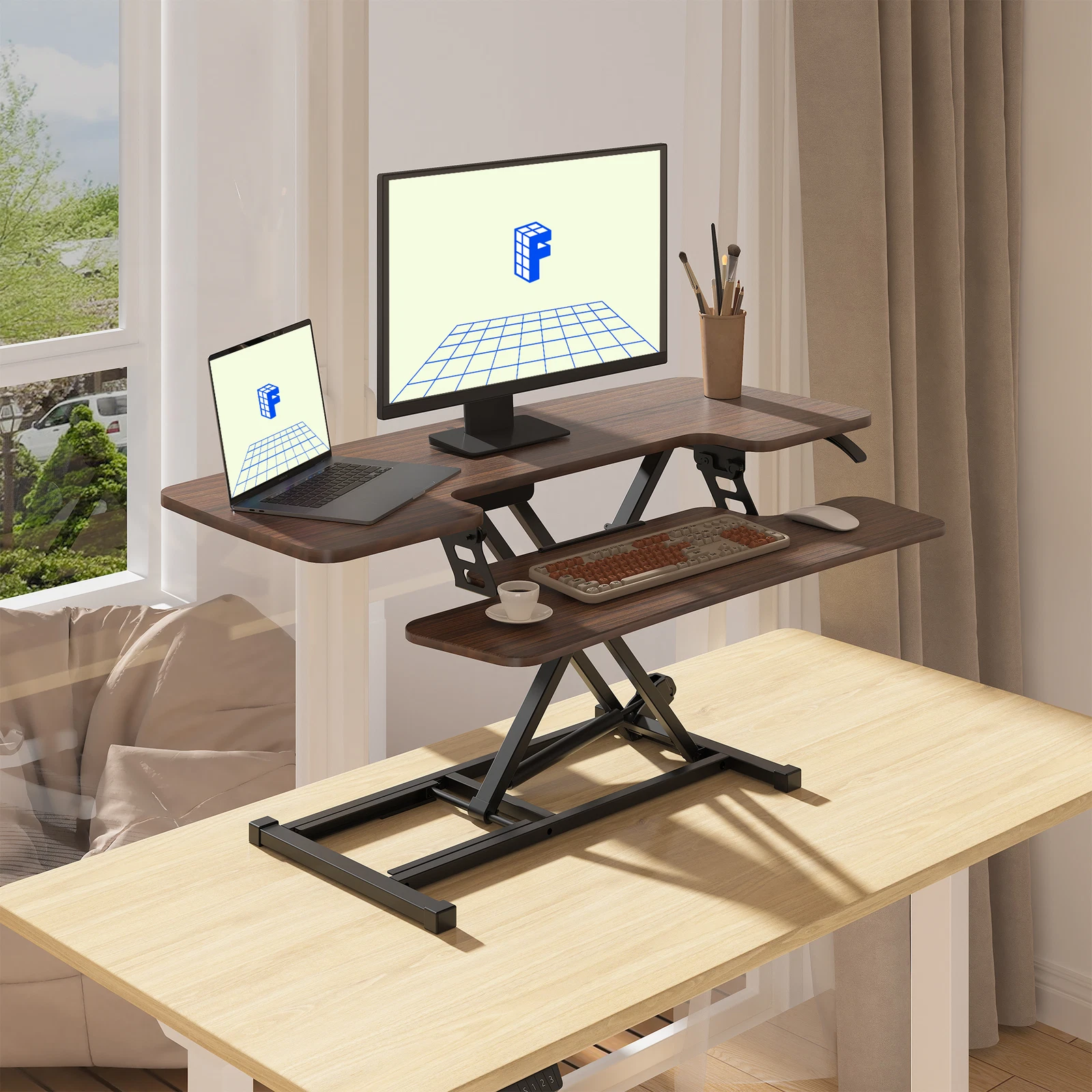 FLEXISPOT 42'' Walnut Home Office Desk Riser Adjustable Standing Desk Converter