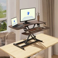 FLEXISPOT 42'' Walnut Home Office Desk Riser Adjustable Standing Desk Converter