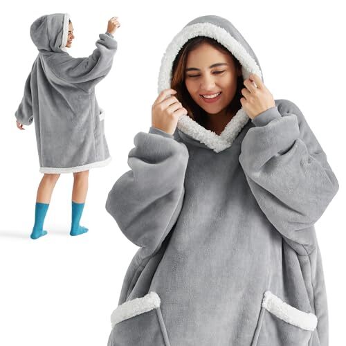 Wearable Blanket Hoodie - Sherpa Hooded Blanket as Gifts Standard Grey Solid - Picture 7 of 7
