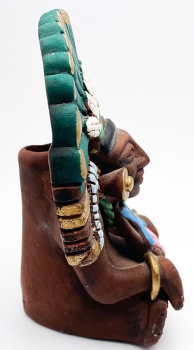 Mexican Autinah Reproduction Mayan Man Incense Pen Holder Pottery MARKED 5" - Picture 3 of 8