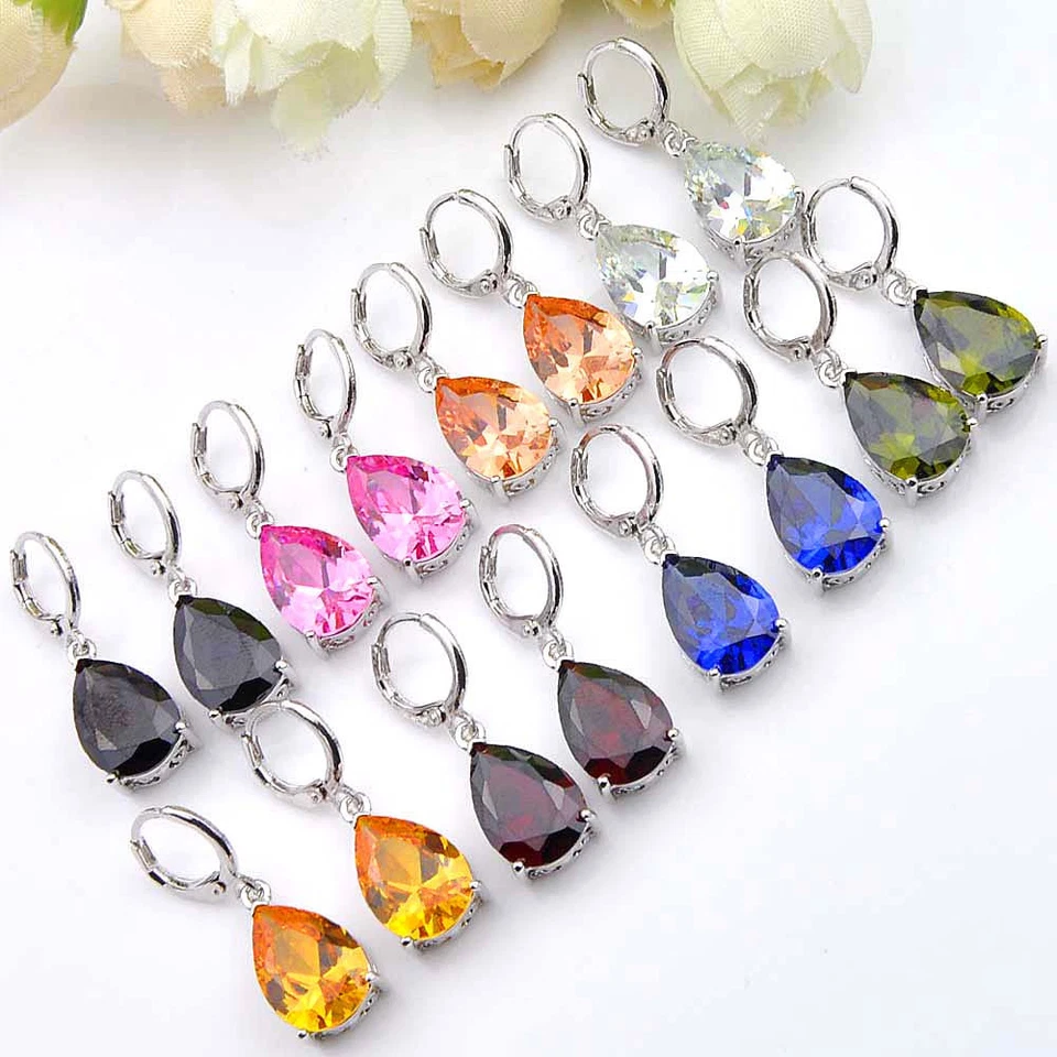 8 Pcs 1 Lot Water Drop Rainbow Topaz Peridot Morganite Silver Danlge Earrings - Image 3 of 4