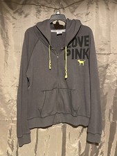 Victoria Secret Pink Women’s Gray Hoodie Full Zip Jacket Size Large Neon Yellow