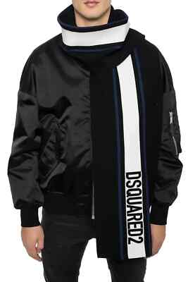(NO CUSTOMS TAX) DSQUARED2 black & white logo embroidered wool blend scarf NWT