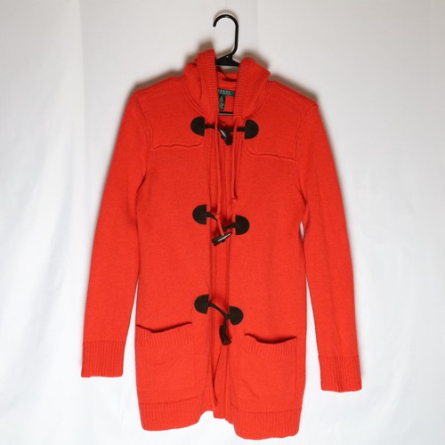 Lauren Ralph Lauren Wool Sweater Women's M Orange Hoodie Toggle Cardigan Jacket