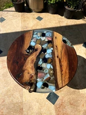 Round Ocean Wave Epoxy Resin Center Sofa Coffee Table Handmade Wooden Hallway