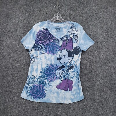 Disney T Shirt Women M Medium Blue Minnie Mouse Embellished V Neck Ti Dye  Floral