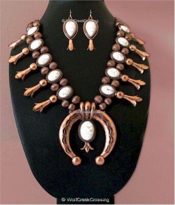 WHITE WINTER FLOWER Copper Moon Set Necklace Earrings Squash Blossom Faux NAJA '