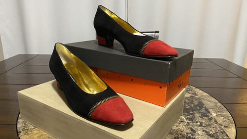 VTG Anne Klein Couture Suede Red & Black Pumps Shoes SZ 8.5N Made In Italy New - Picture 12 of 19