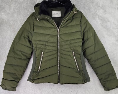 Snobbish Puffer Jacket Womens Large Olive Green Black Faux Fur Hooded Full Zip