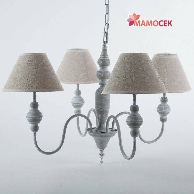 LAMPADARIO Metallo grigio 4 bracci paralume tessuto ècru lampada soffitto shabby