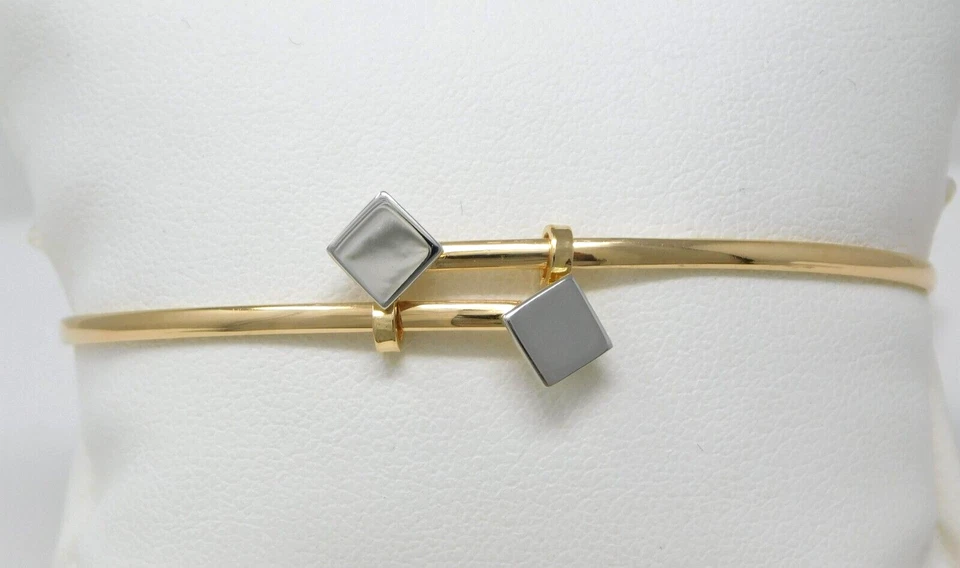 18 kt Multi-tone Gold Square Accents Adjustable Wire Bangle Bracelet 7" B2852 - Image 2 of 4