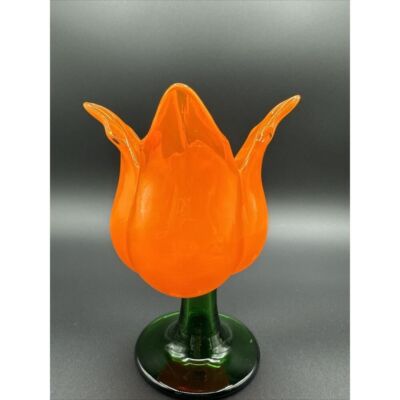 Blown Glass Tulip Flower Sculpture Candleholder Orange-Colored 7'' Green Stem