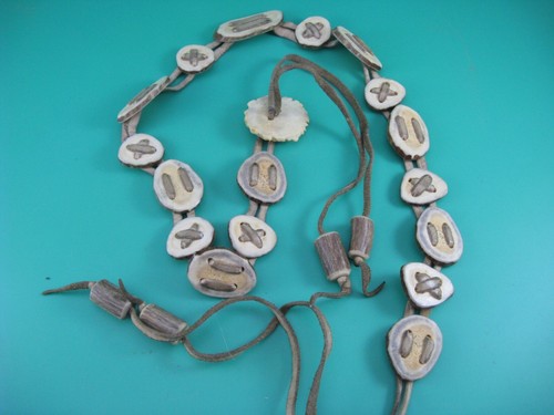 NATIVE STYLE HAND MADE DEER ANTLER SLABS LEATHER BELT 25" TO 32" APROXIMATE FIT