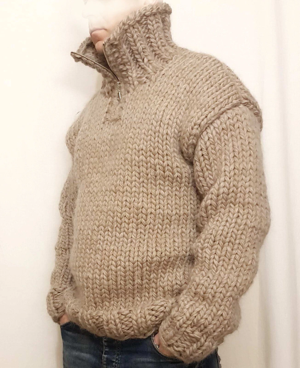 Hand knitted VERY THICK 100% WOOL mens woolen sweater zipper turtleneck  chunky